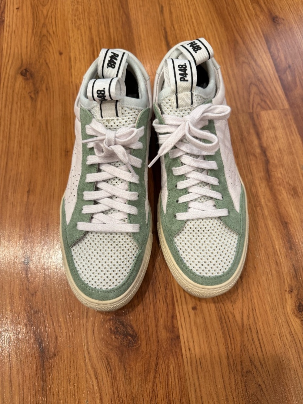 P448 tennis shoes - white and sage green; women's size 38